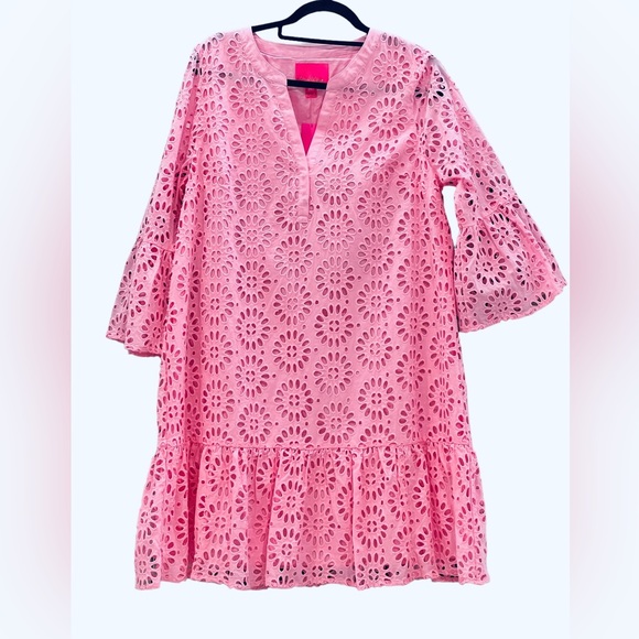 Bekah 3/4 sleeve eyelet peony pink oversized pinwheel eyelet dress